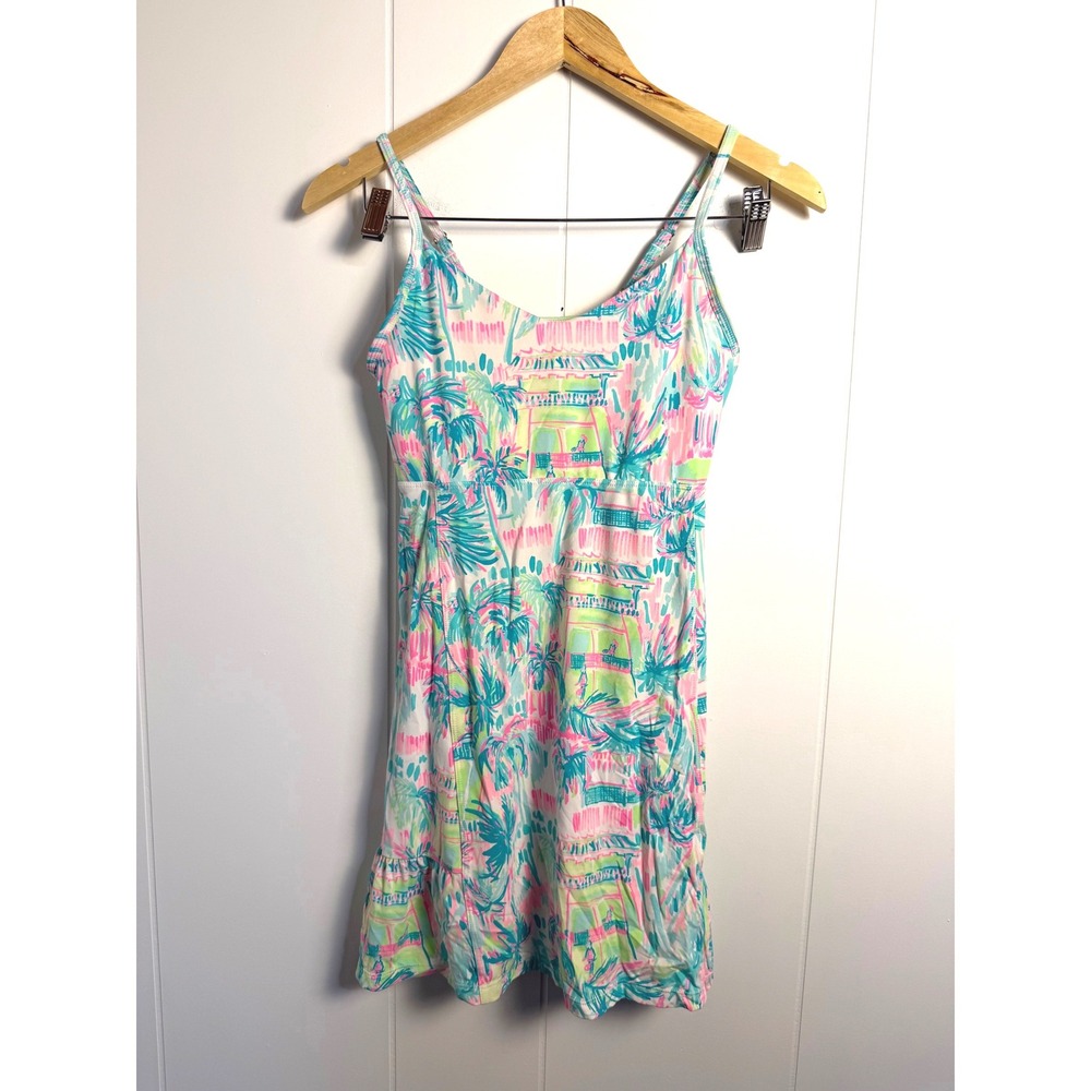 Lilly Pulitzer Luxletic Dress XS Pink Blue Tropical Palm Tennis Ruffle Hem